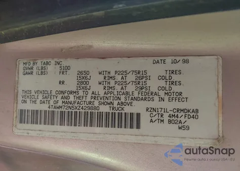 1999 Toyota Tacoma z USA, uszkodzony, nr VIN 4TAWM72N5XZ429880